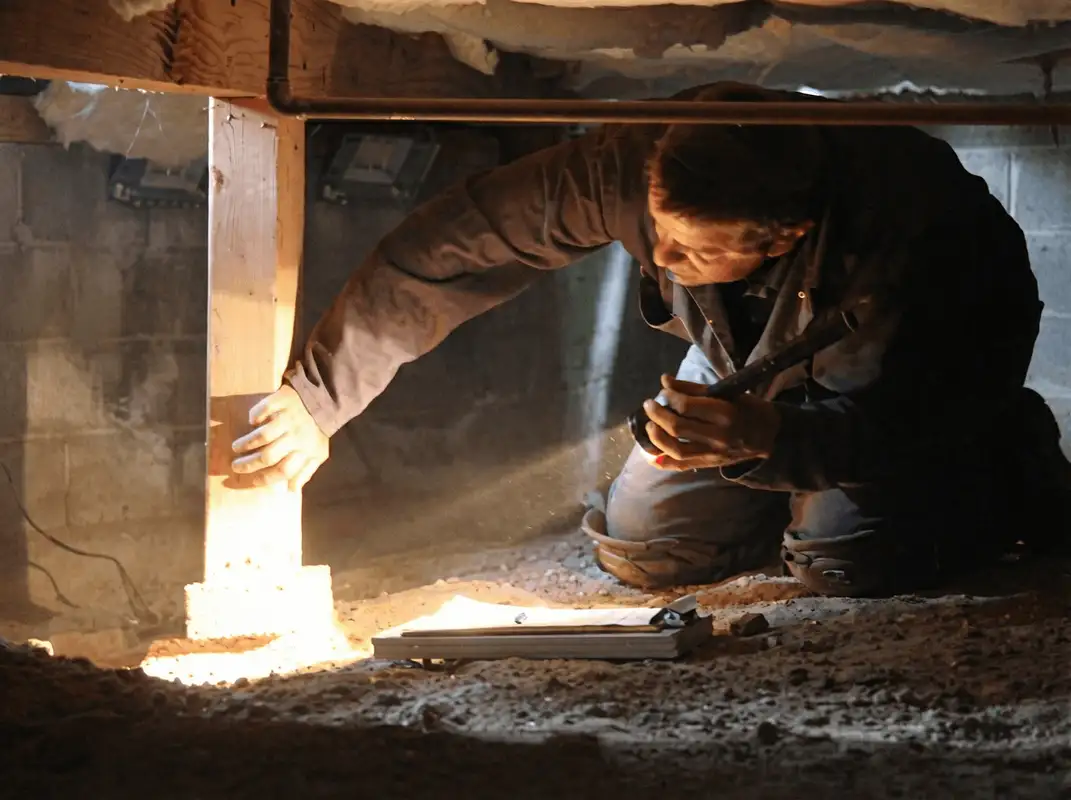 A professional inspecting wooden beams under the floor of a structure in Shreveport, LA