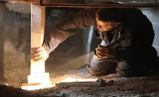 A professional inspecting wooden beams under the floor of a structure in Shreveport, LA